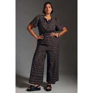 Anthropologie The Somerset Jumpsuit Women MP Black Print Wide Leg Boho Festival
